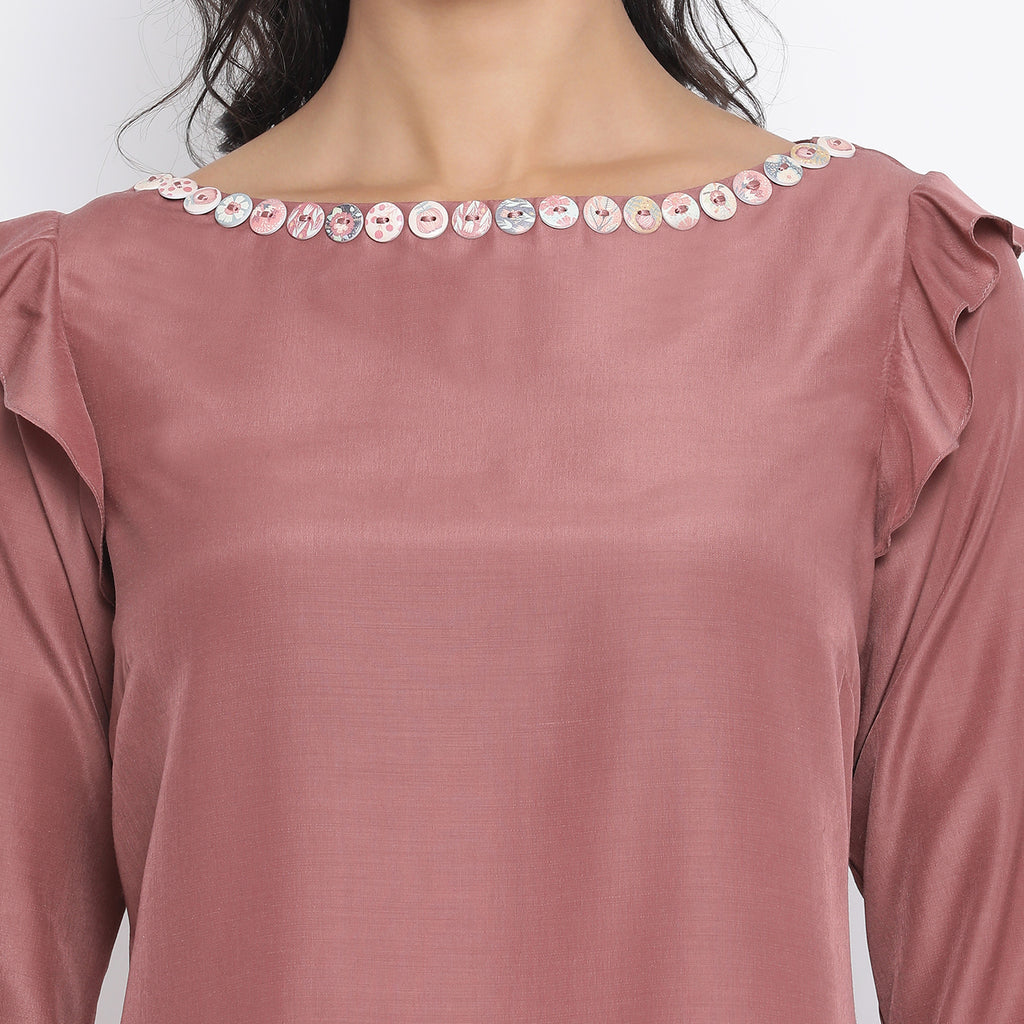 Rose Wood Top With Button At Neck