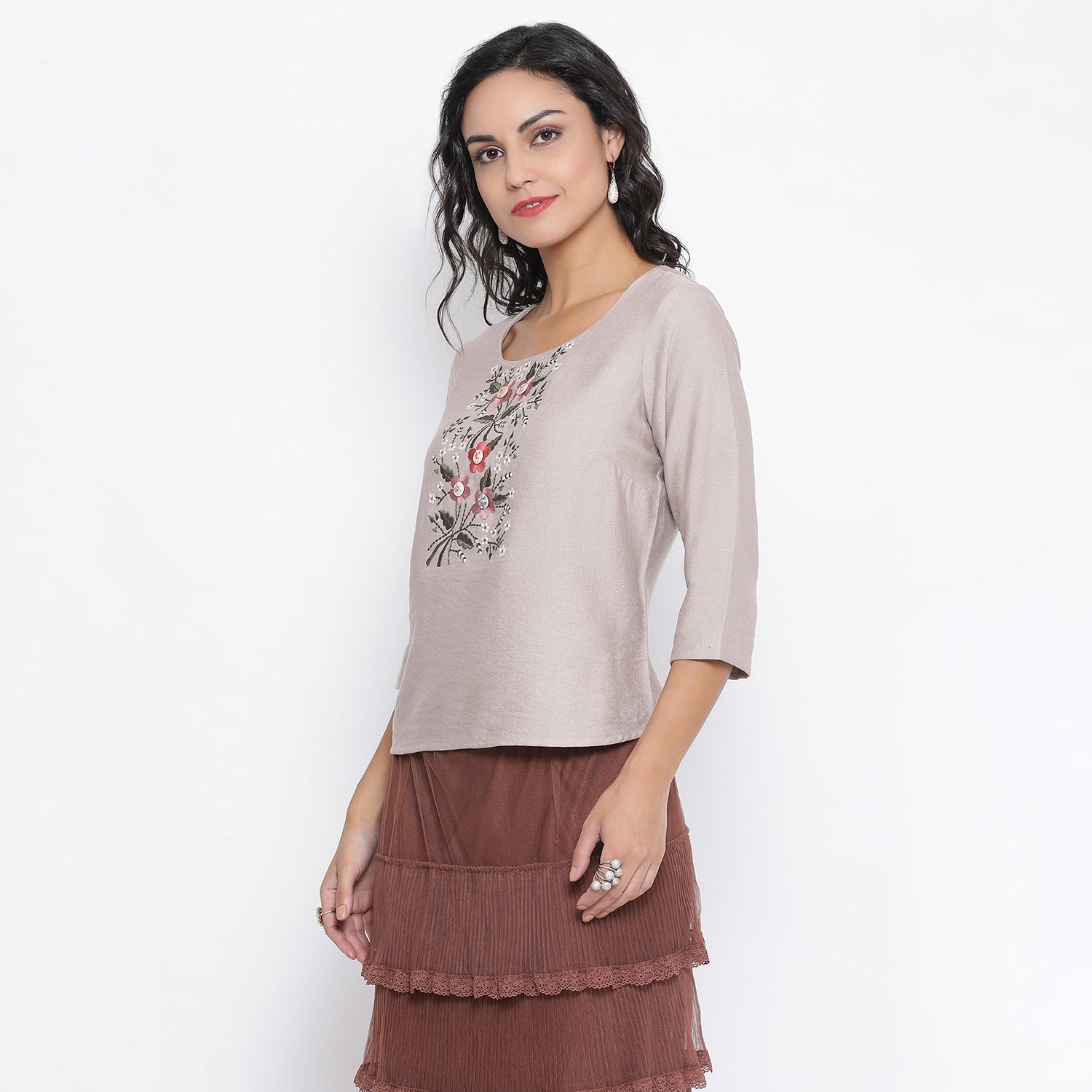 Beige Top With Flower And Button Embroidery