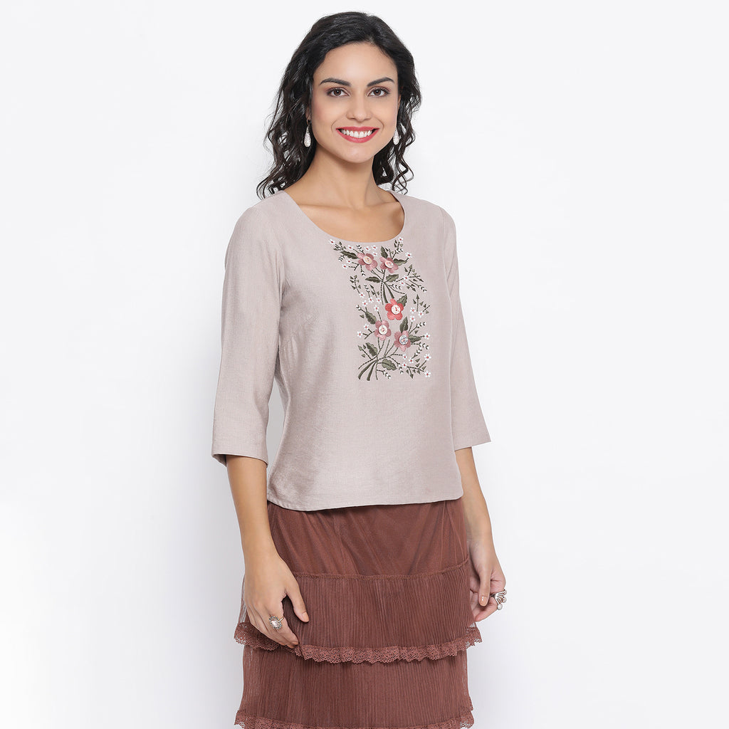 Beige Top With Flower And Button Embroidery