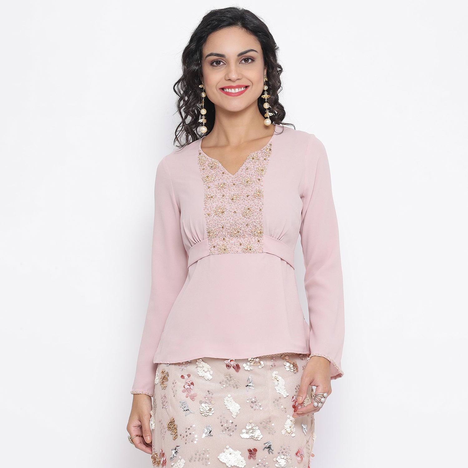 Pink Georgette Top With Emb. At Yoke With Back Tie Knot