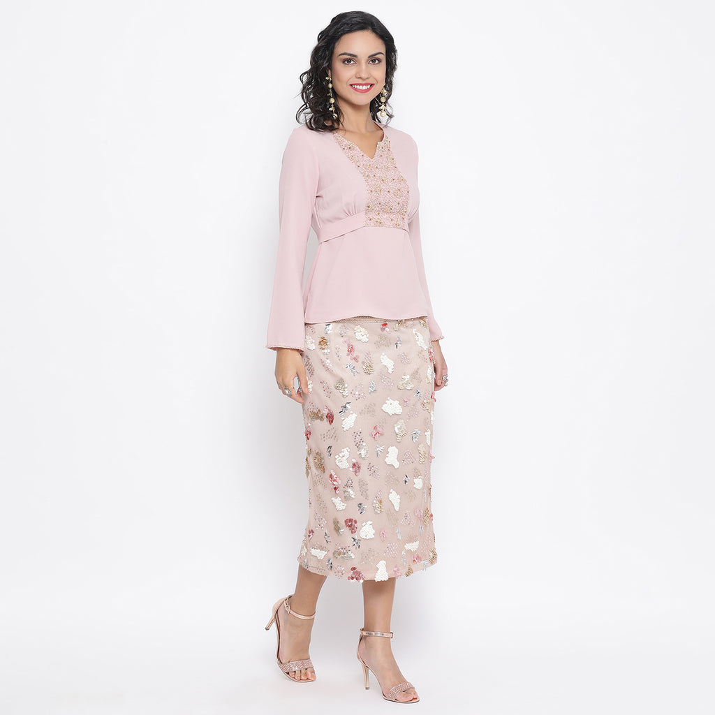 Pink Georgette Top With Emb. At Yoke With Back Tie Knot