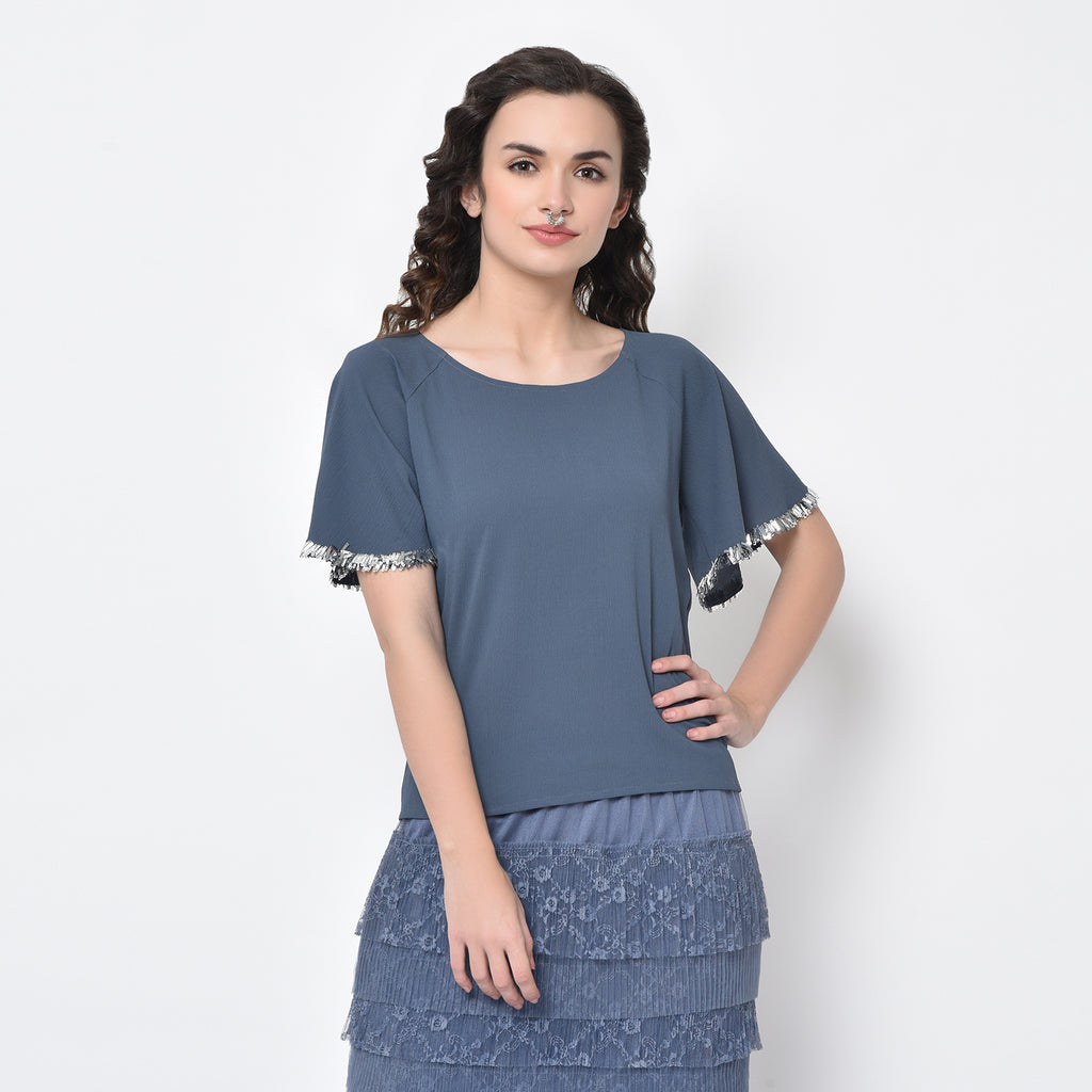 Stone Blue Drape Top With Silver Hand Embroidery