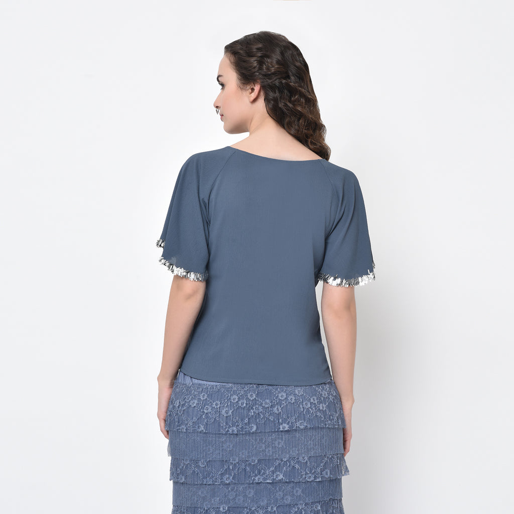 Stone Blue Drape Top With Silver Hand Embroidery
