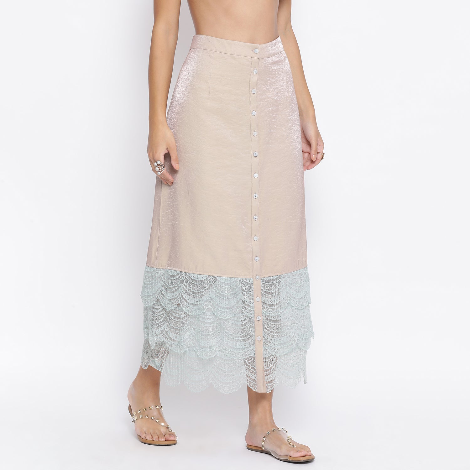 Beige Skirt With Scallop Lace At Hem
