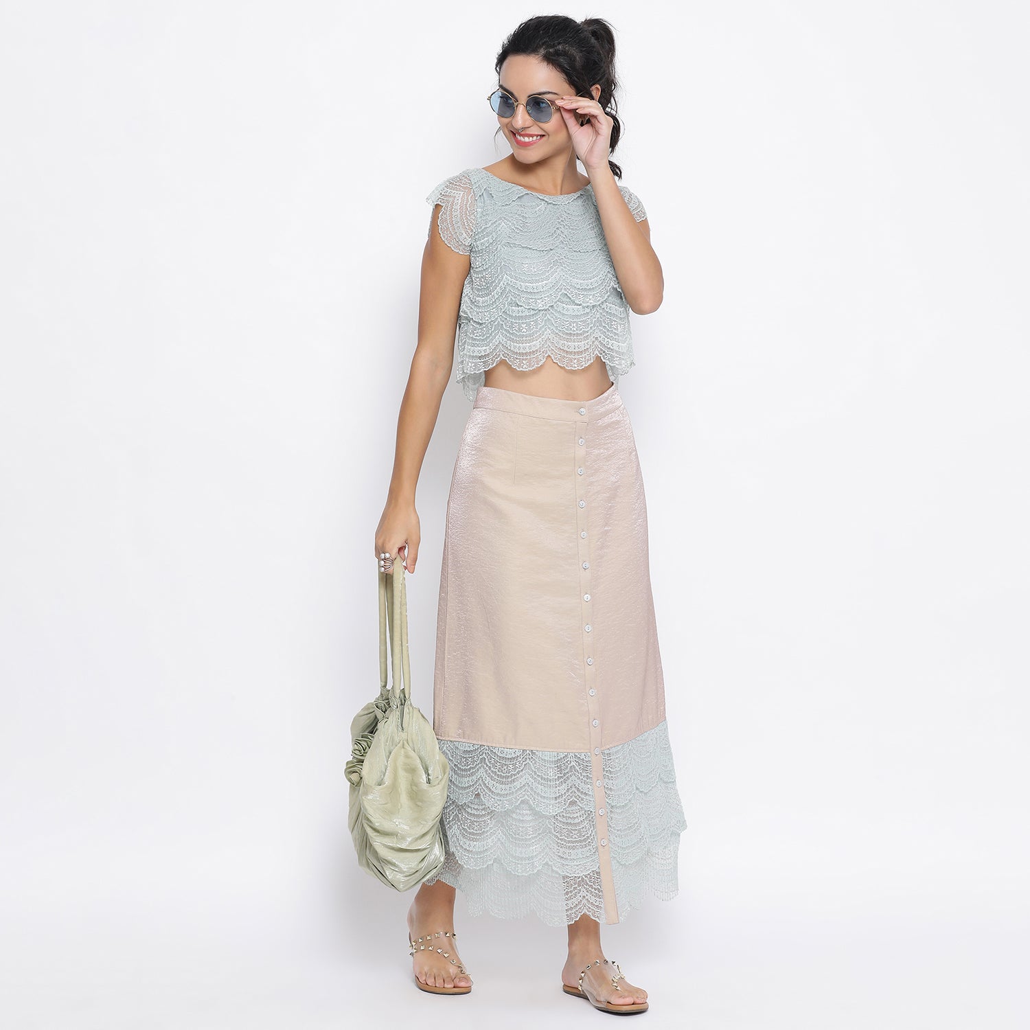 Beige Skirt With Scallop Lace At Hem