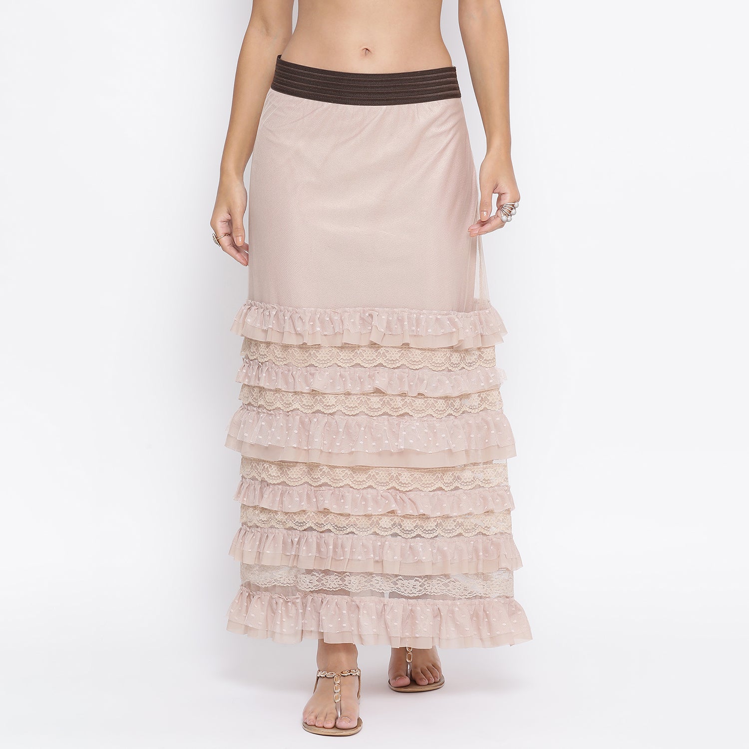 Beige Net Skirt With Brown Elastic And Frills