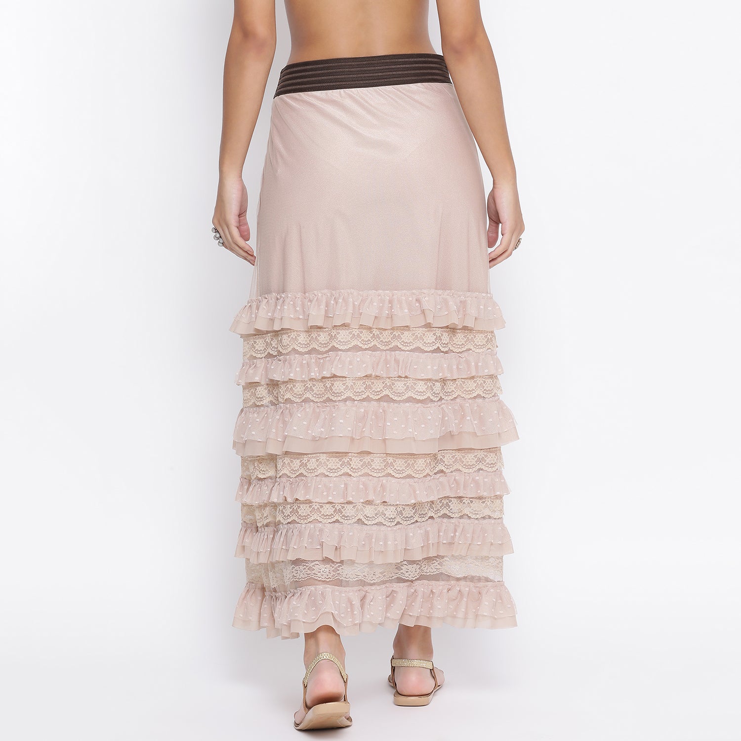 Beige Net Skirt With Brown Elastic And Frills