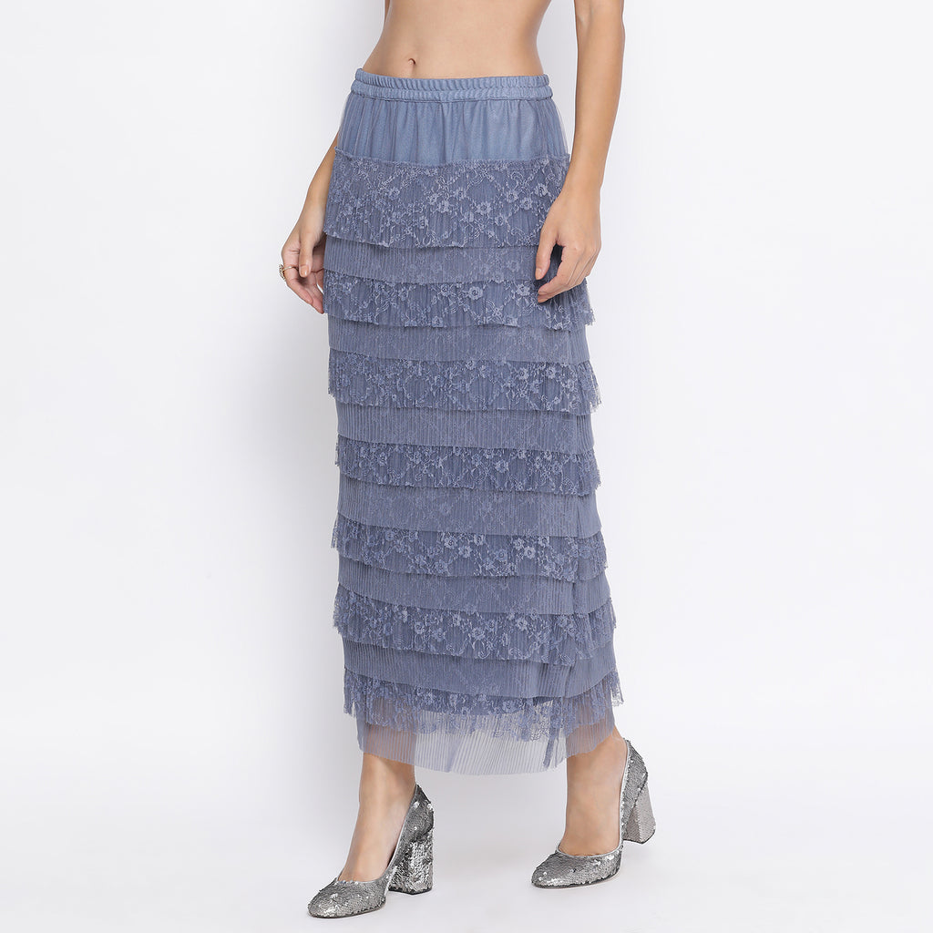 Stone blue lace frill net skirt