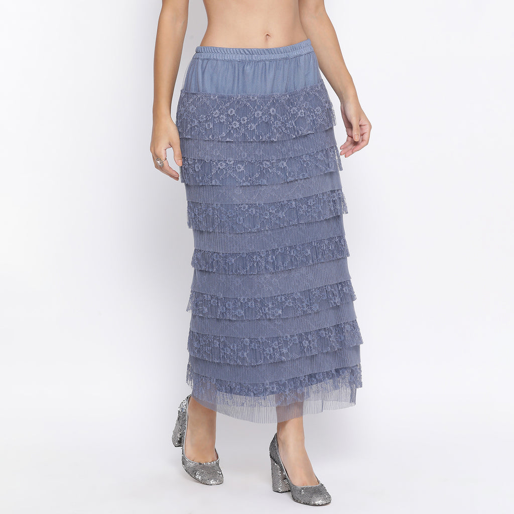 Stone blue lace frill net skirt