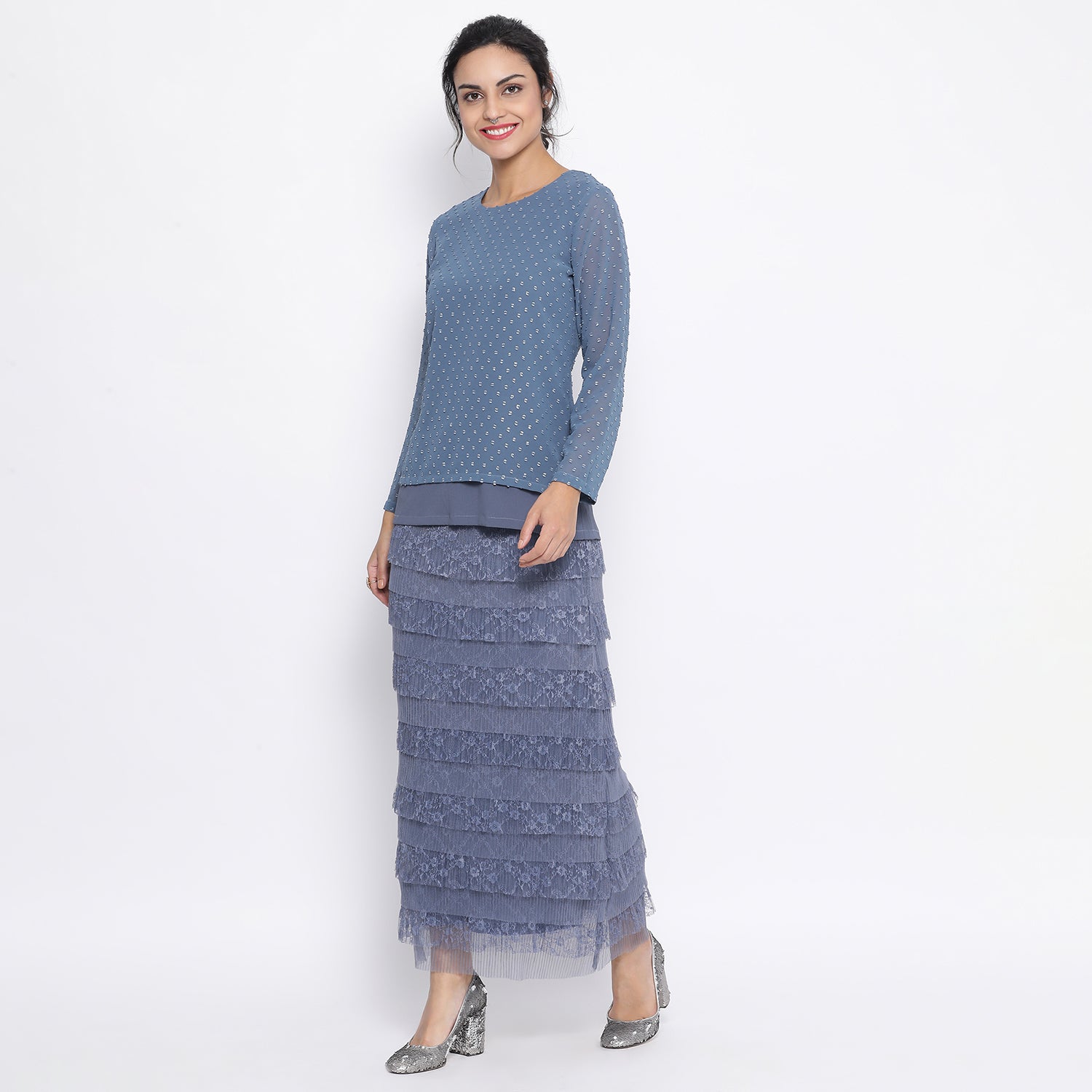 Stone Blue Lace Frill Net Skirt