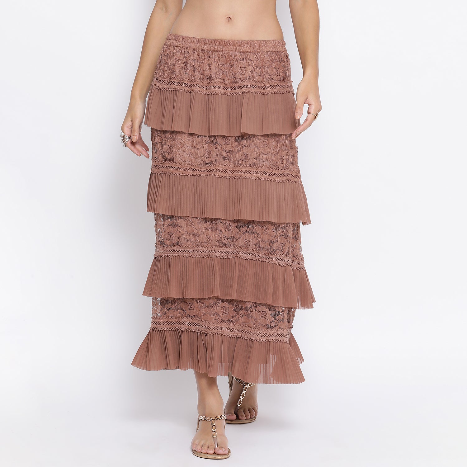 Rust Flower Net Frill Skirt With Lace