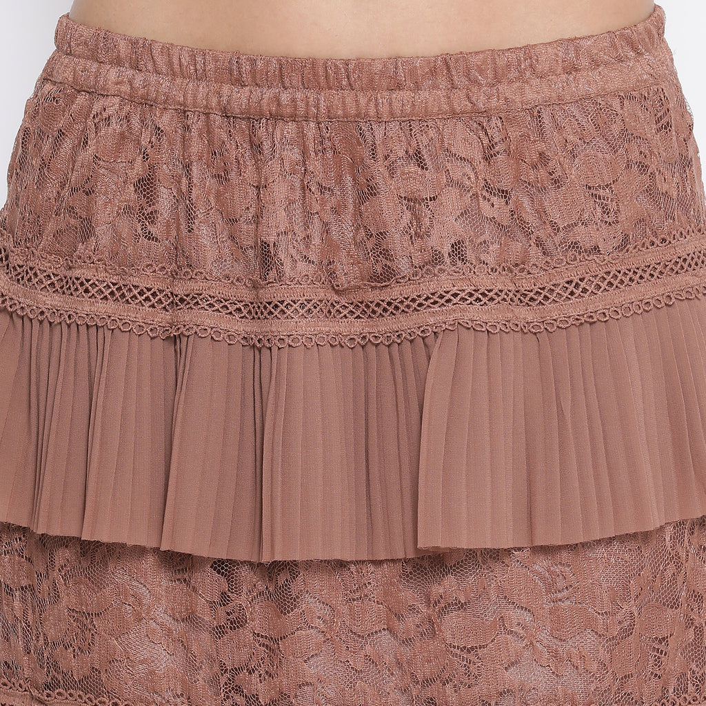 Rust flower net frill skirt with lace