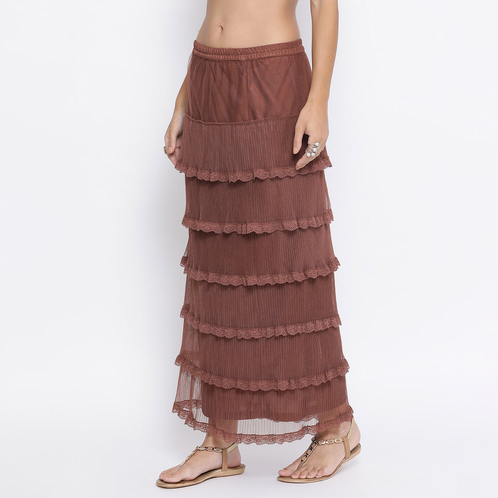 Rust flower net frill skirt with lace