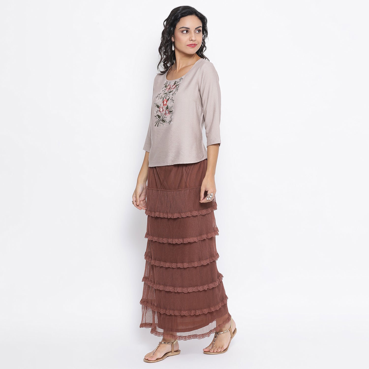 Brown Net Frill Skirt With Lace