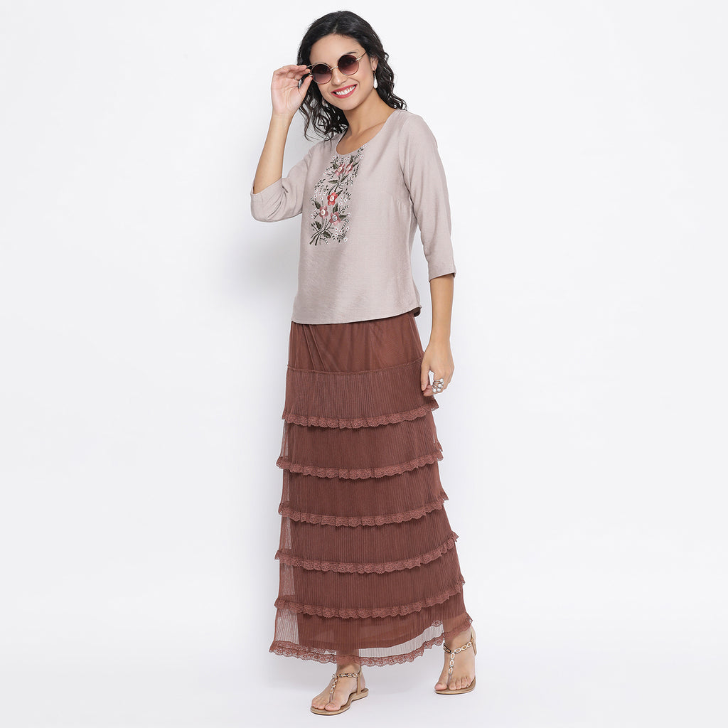 Brown net frill skirt with lace
