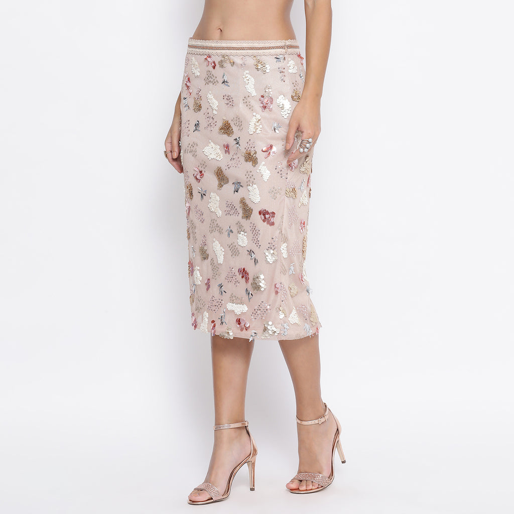 Beige net skirt with multicoloured embroidery