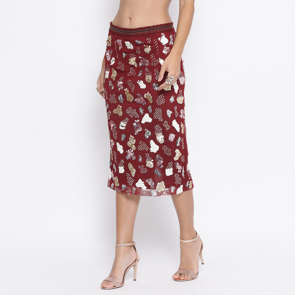 Maroon net skirt with multicoloured embroidery