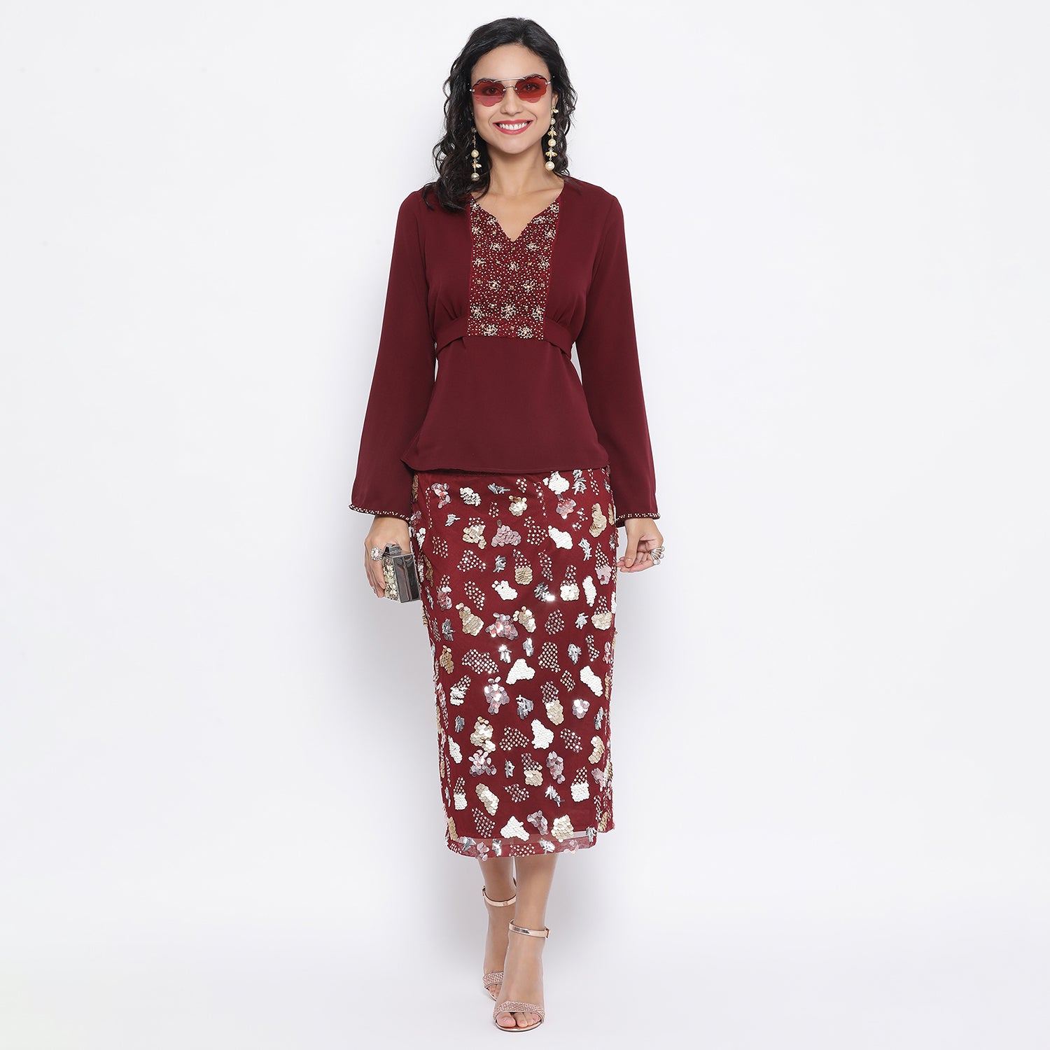 Maroon Net Skirt With Multicoloured Embroidery
