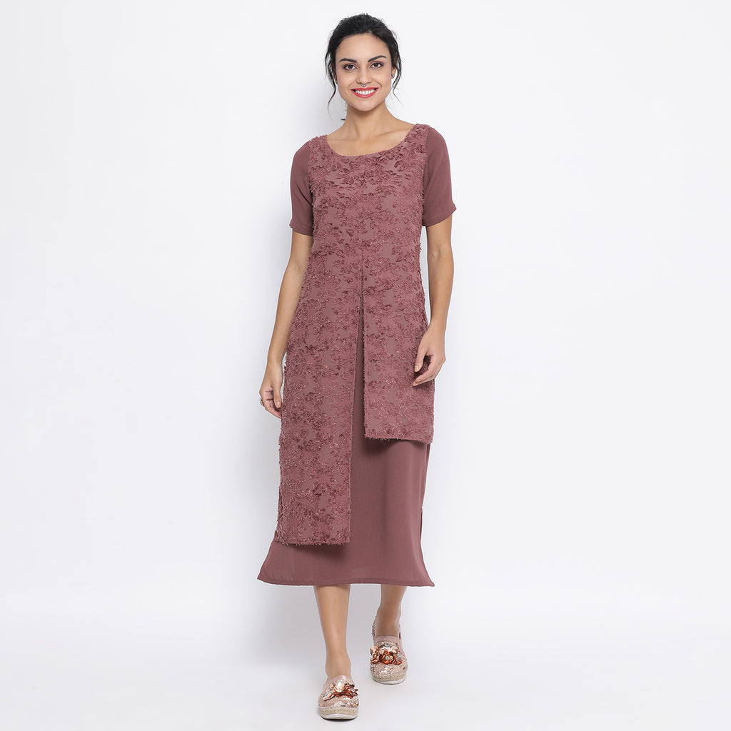 Rose wood double layer textured long dress