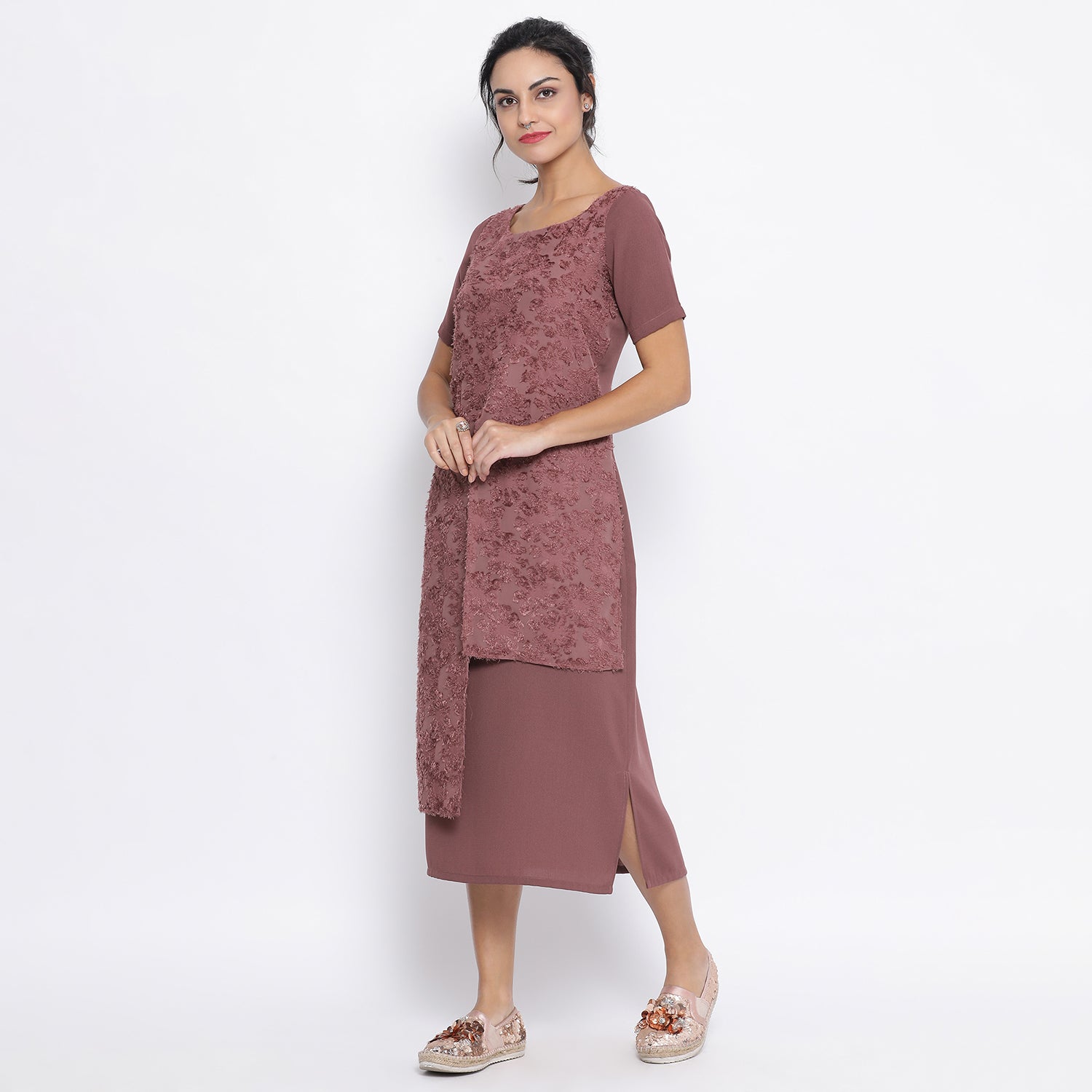 Rose Wood Double Layer Textured Long Dress