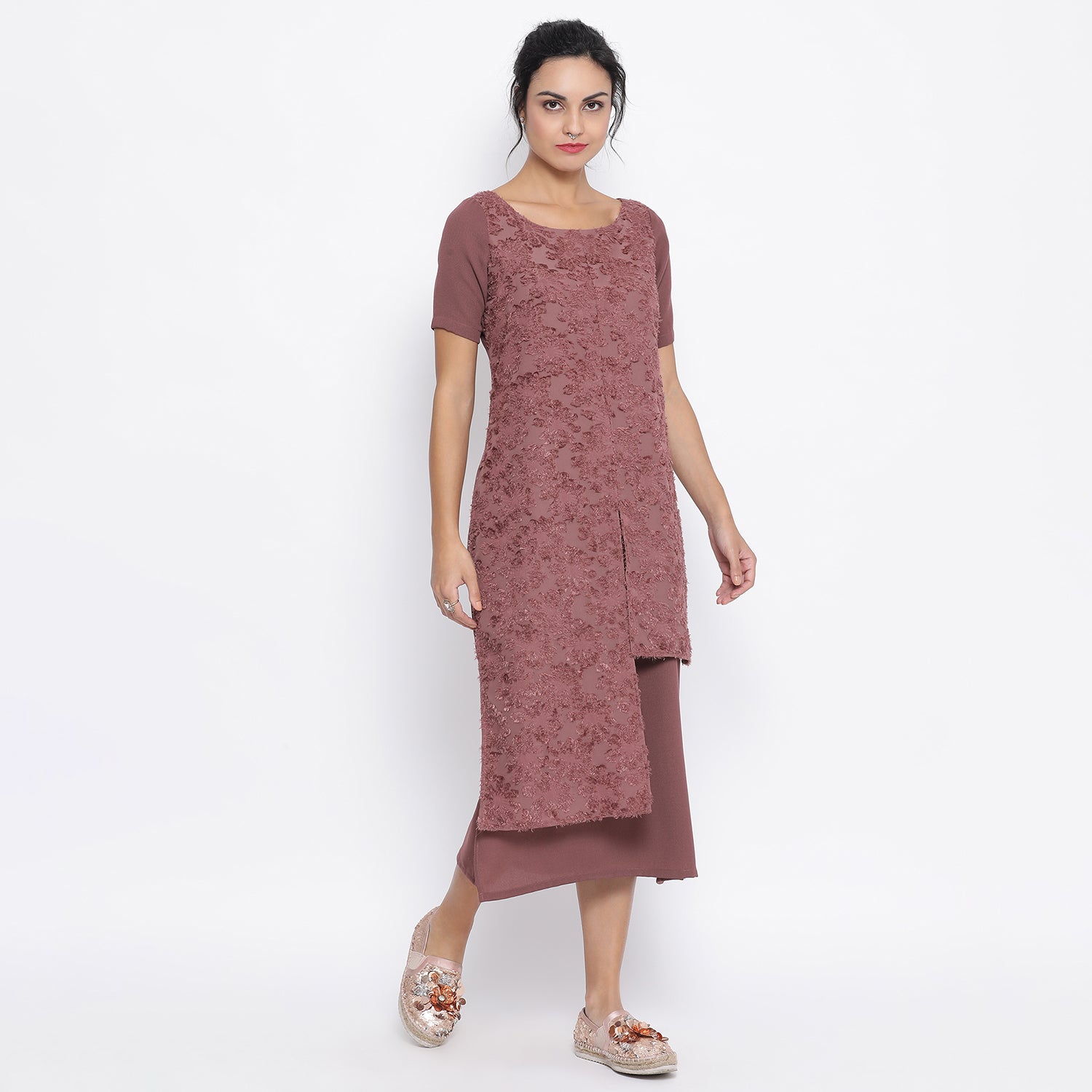Rose Wood Double Layer Textured Long Dress