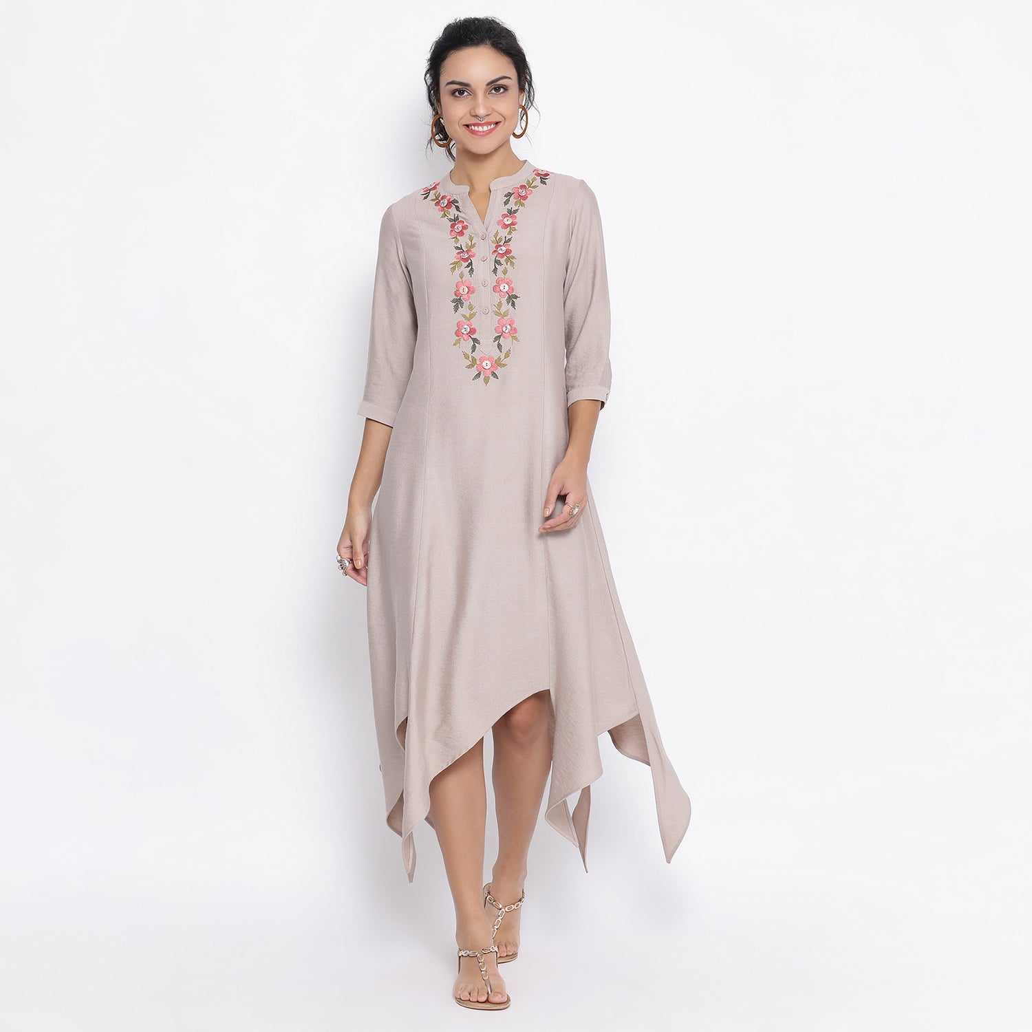 Beige Triangle Dress With Button Embroidery