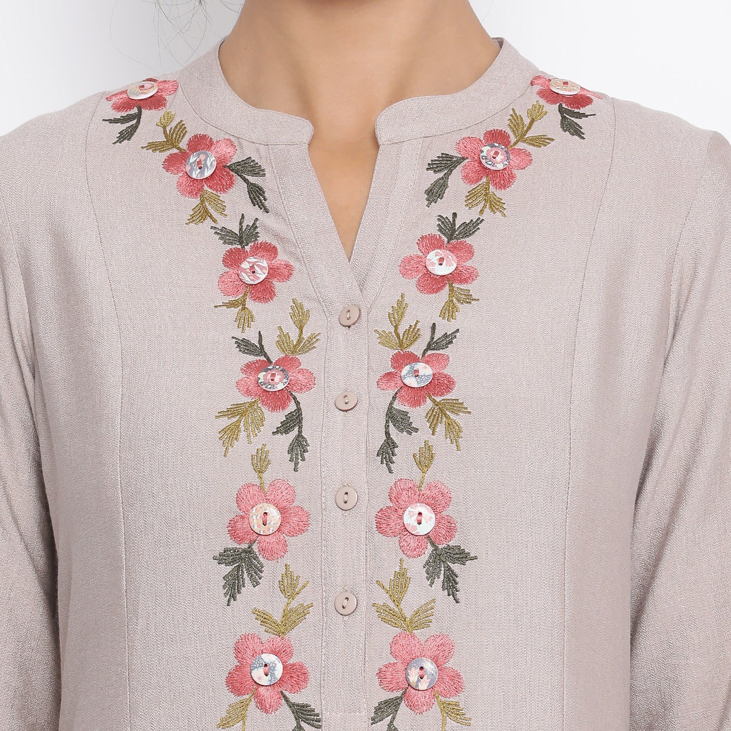 Beige Triangle Dress With Button Embroidery