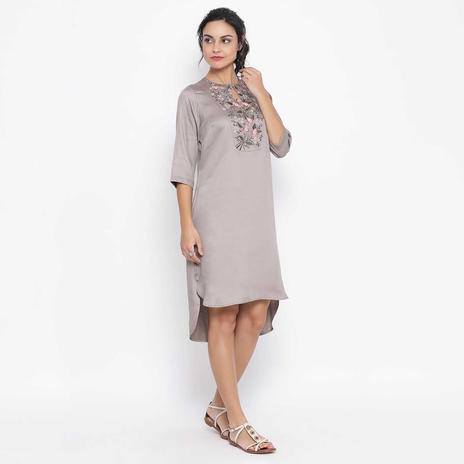Grey Long Tunic With Button Embroidery At Yoke