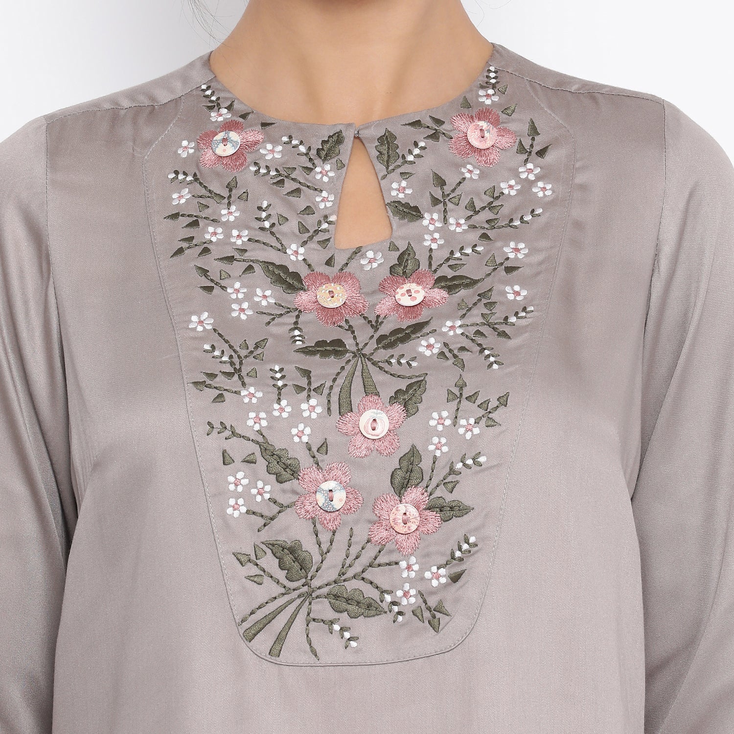 Grey Long Tunic With Button Embroidery At Yoke