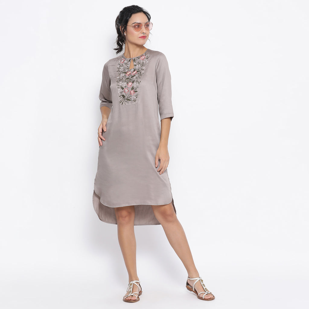 Grey long tunic with button embroidery at yoke