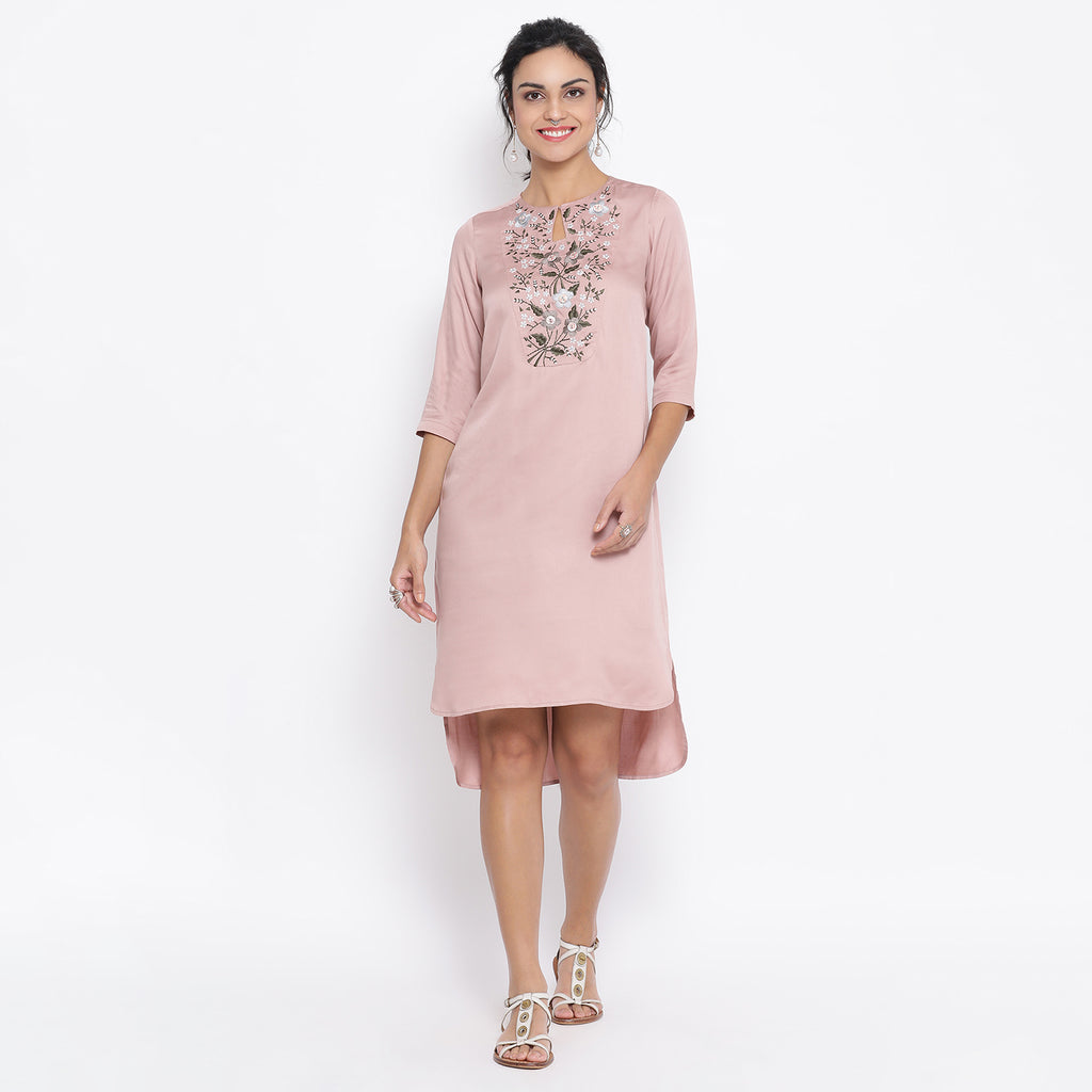 Pink long tunic with button embroidery at yoke