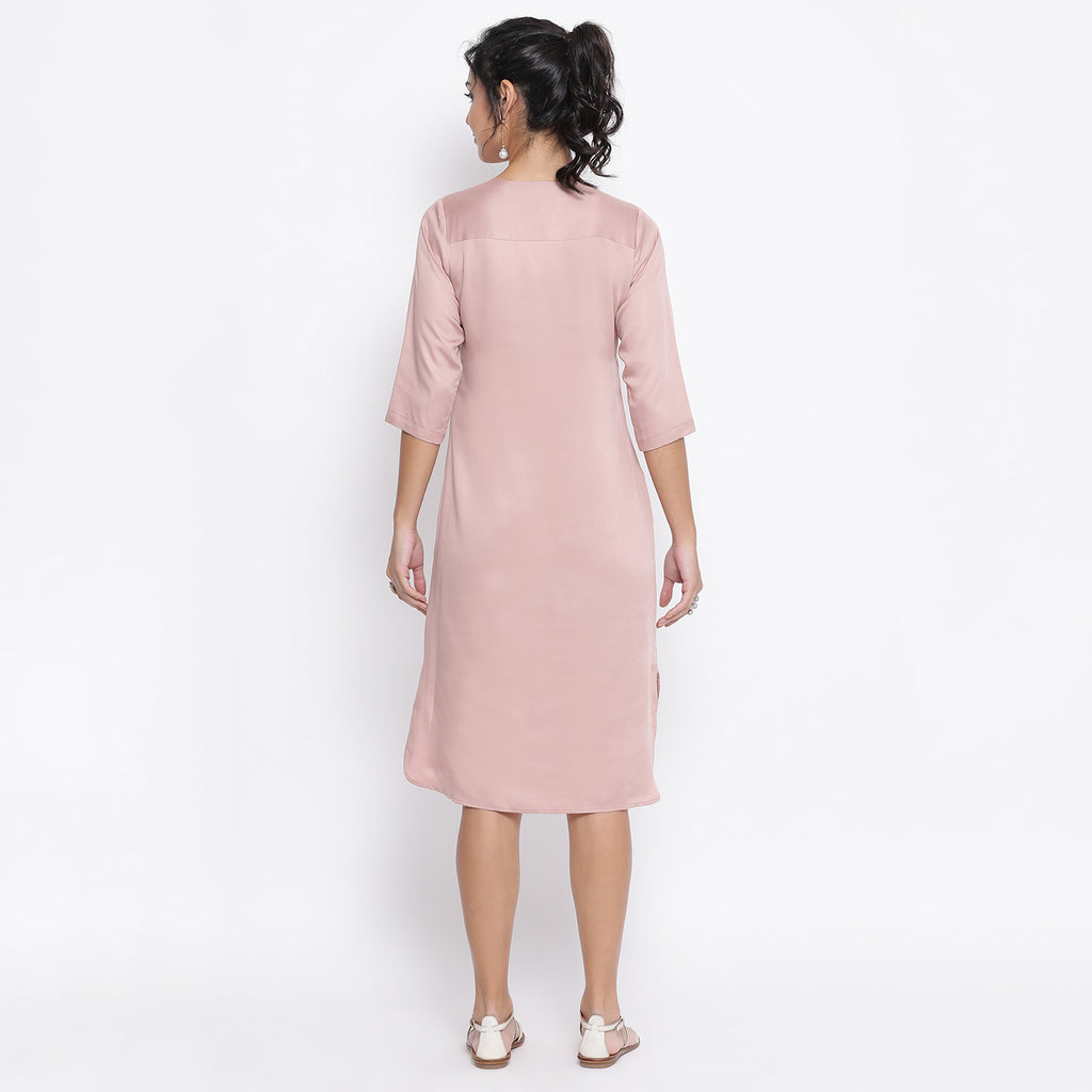 Pink long tunic with button embroidery at yoke