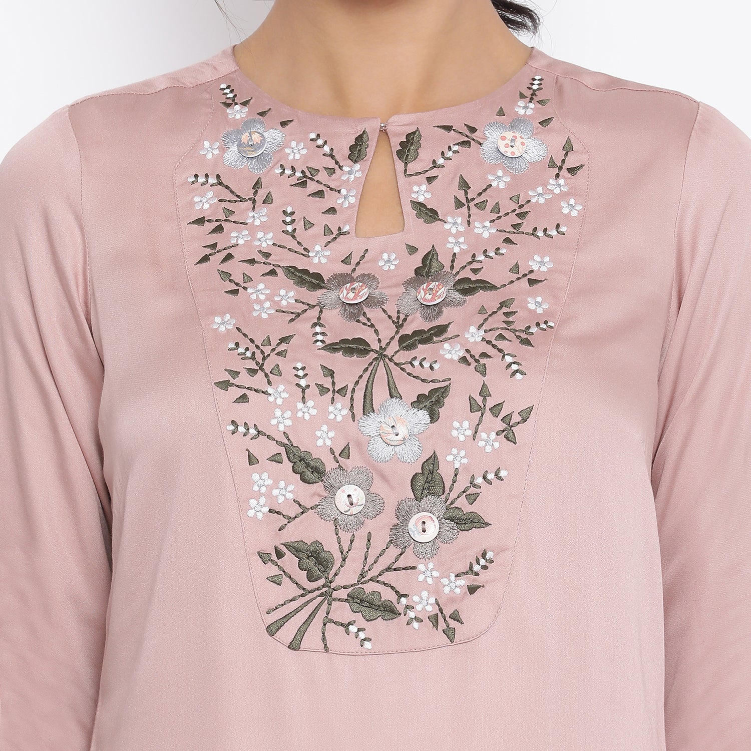Pink Long Tunic With Button Embroidery At Yoke