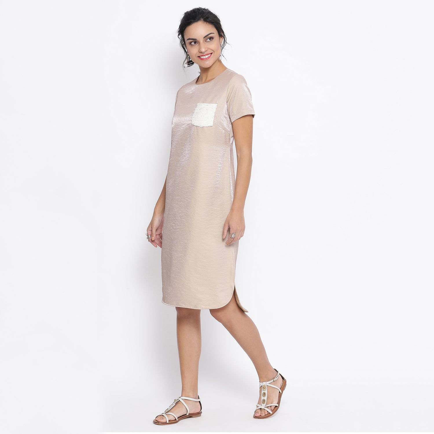 Beige Long Dress With Sequence Pocket