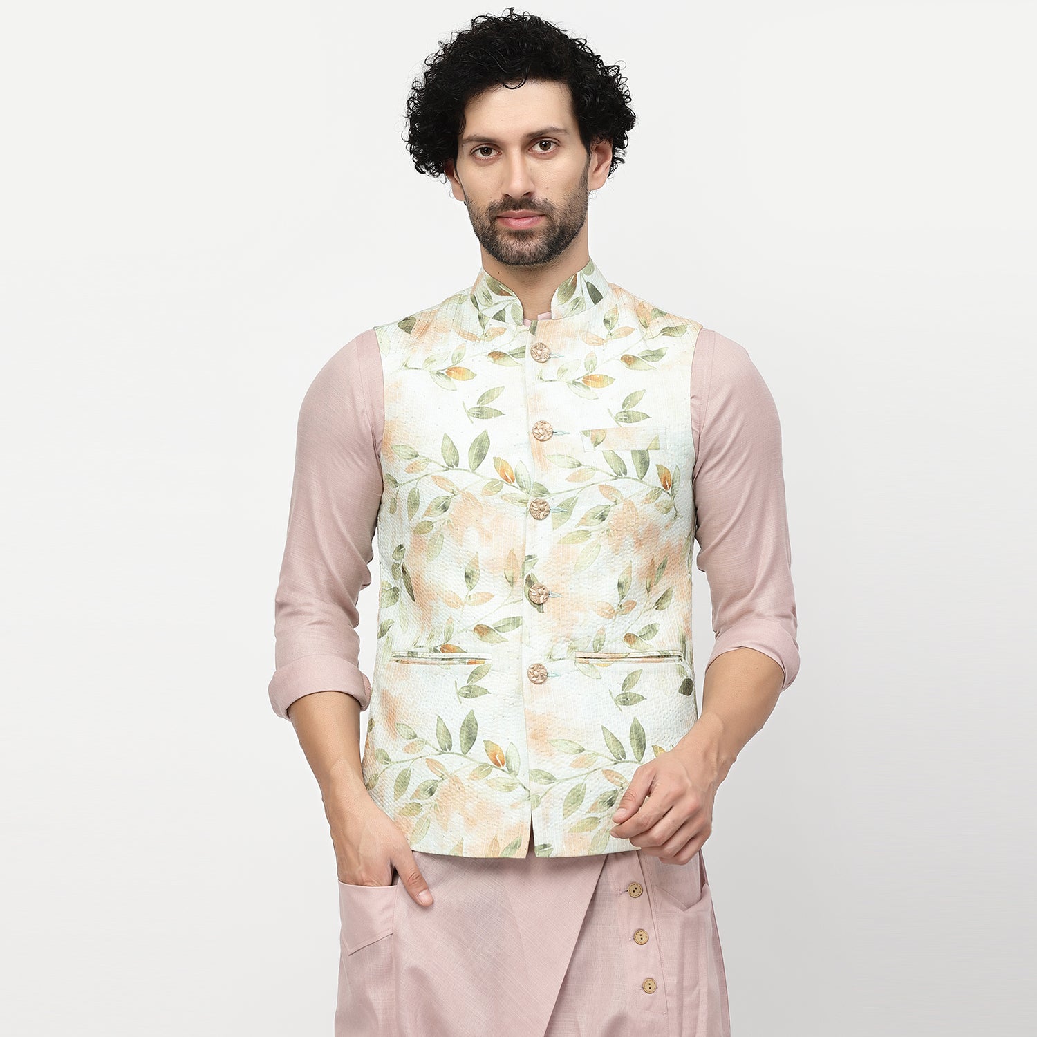 Leaf Print Cotton Embroidered Jacket for Men