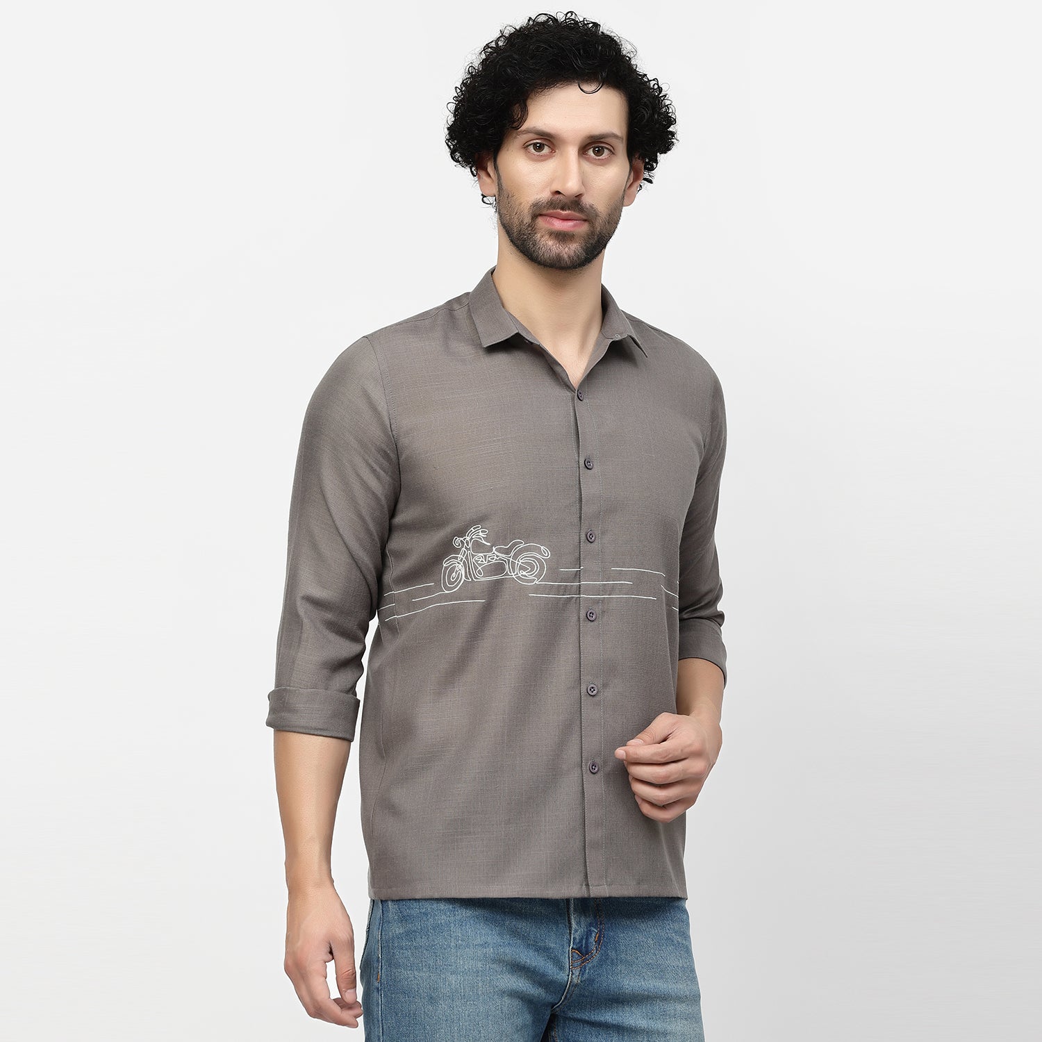 Linen Shirt for Men with Bike Embroidery-2