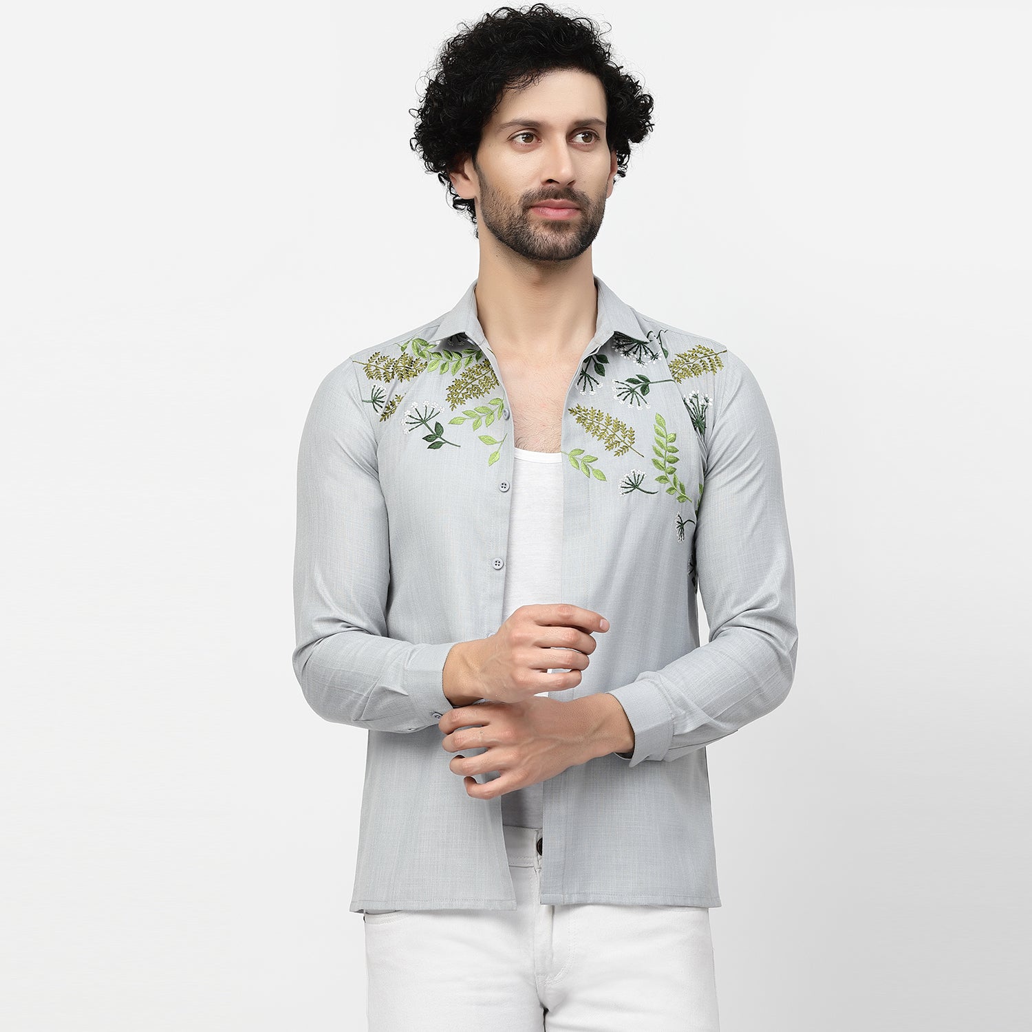 Linen Shirt With Leaf Embroidery, shirts for men, men shirts, designer shirts, stylish shirts, shirt design