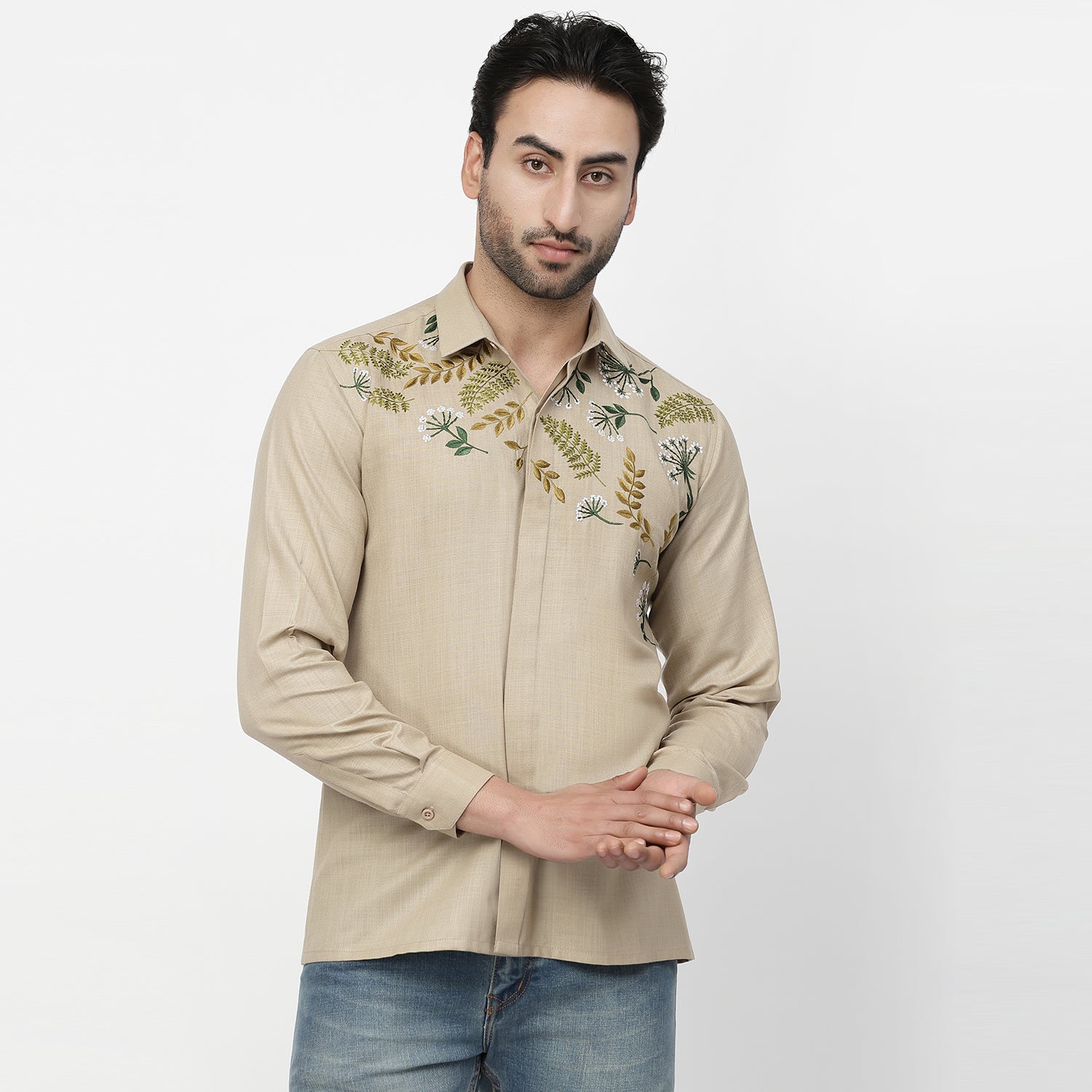 Linen Shirt With Leaf Embroidery, shirts for men, men shirts, designer shirts, stylish shirts, shirt design