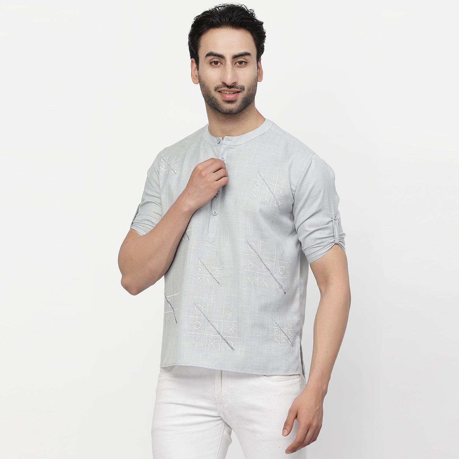 Linen Short Kurta With Tic-Tac-Toe Embroidery, men kurta ,designer kurta, Kurta design, kurta designs for men, men wear