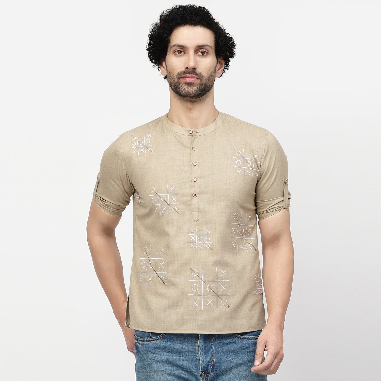 Linen Short Kurta With Tic-Tac-Toe Embroidery, men kurta ,designer kurta, Kurta design, kurta designs for men, men wear
