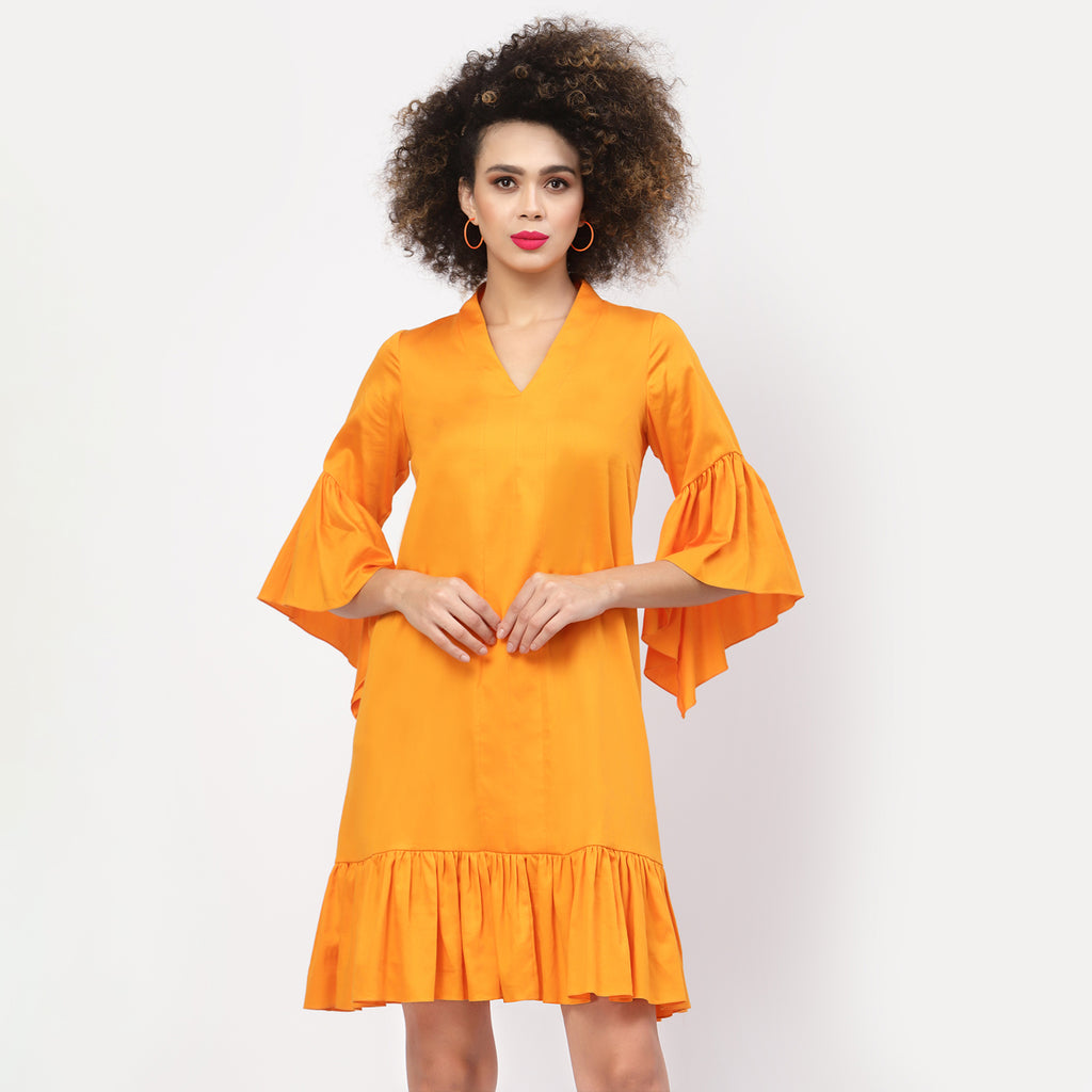 Orange Cotton A-Line Dress With Frill