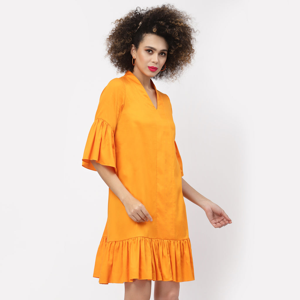 Orange Cotton A-Line Dress With Frill