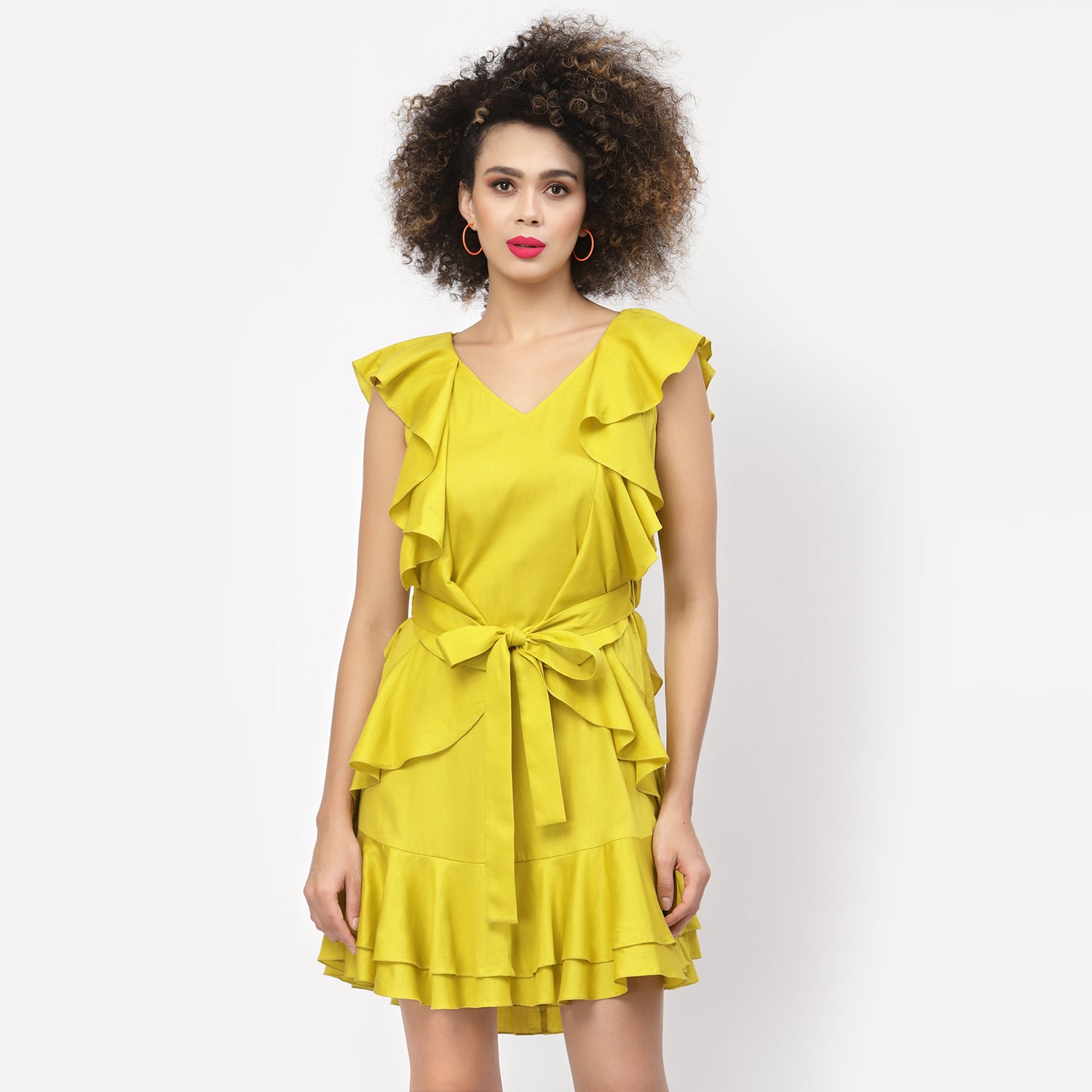 Yellow Without Sleeves Frill Dress With Tie Knot