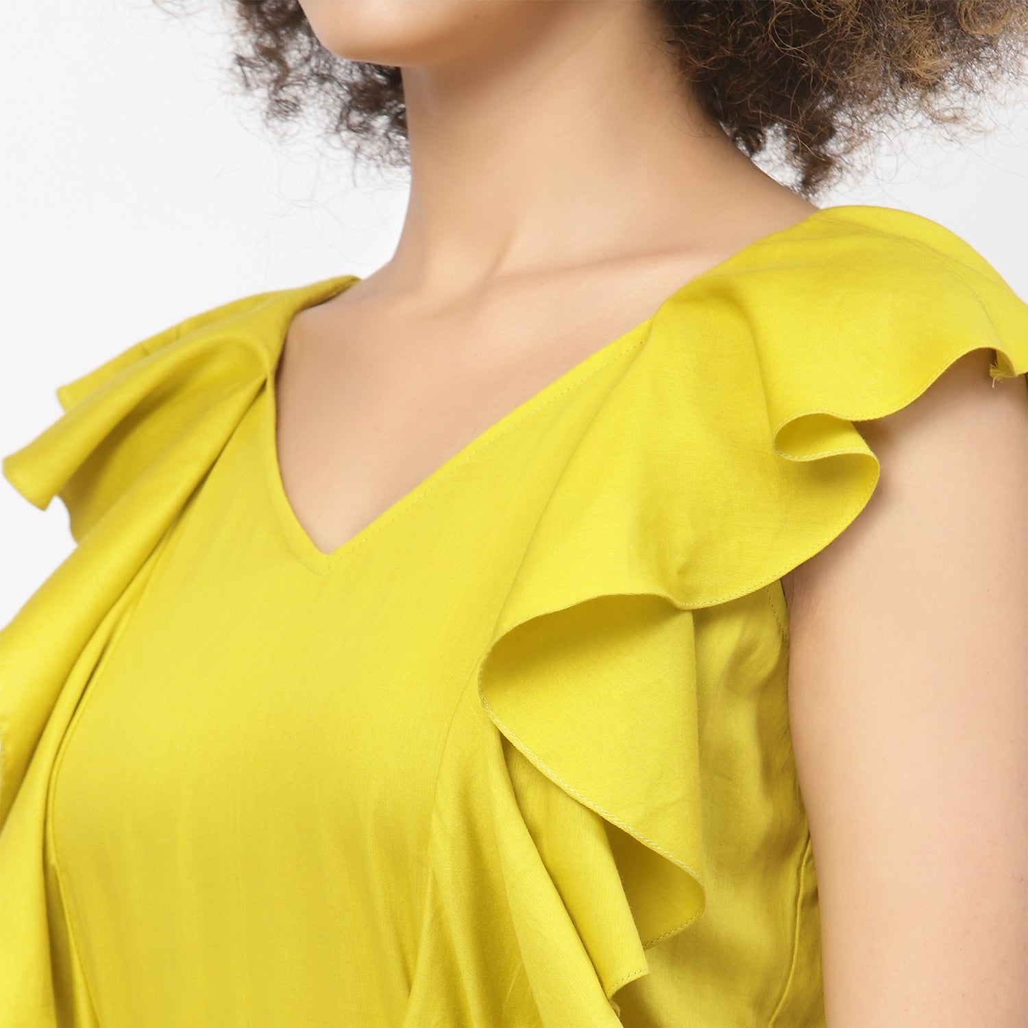 Yellow Without Sleeves Frill Dress With Tie Knot