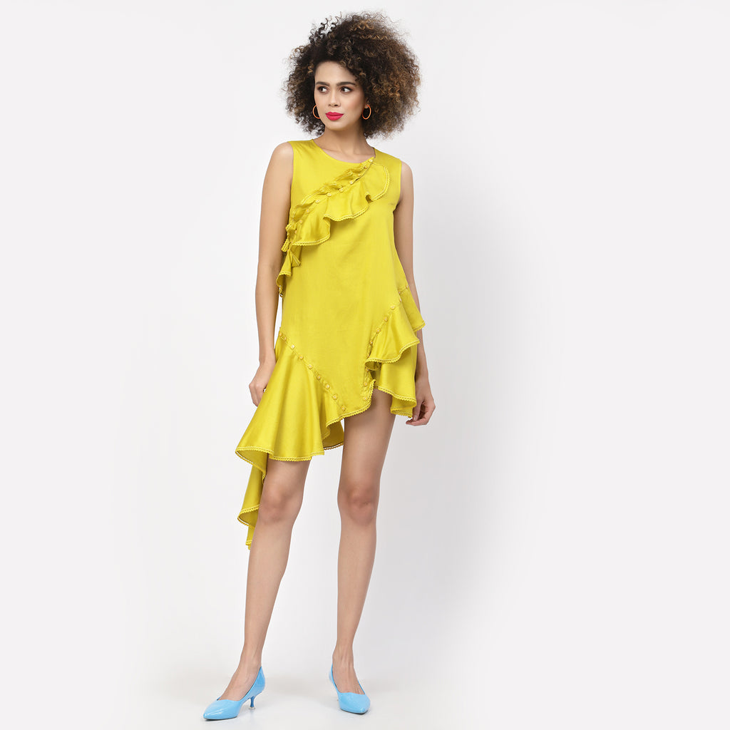 Yellow Cotton Ruffle Asymmetrical Dress