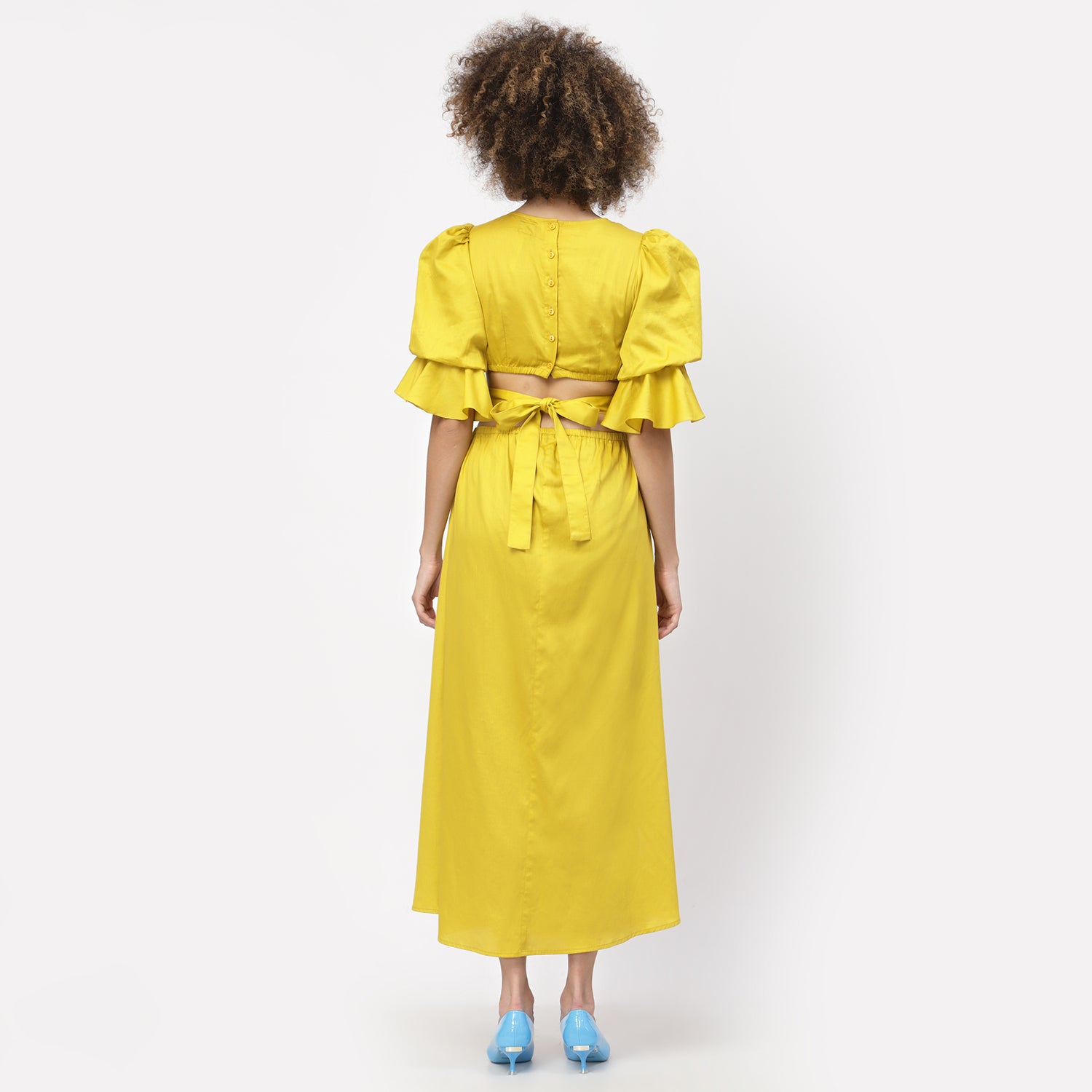 Yellow Dress With Lace Yoke And Tie Belt