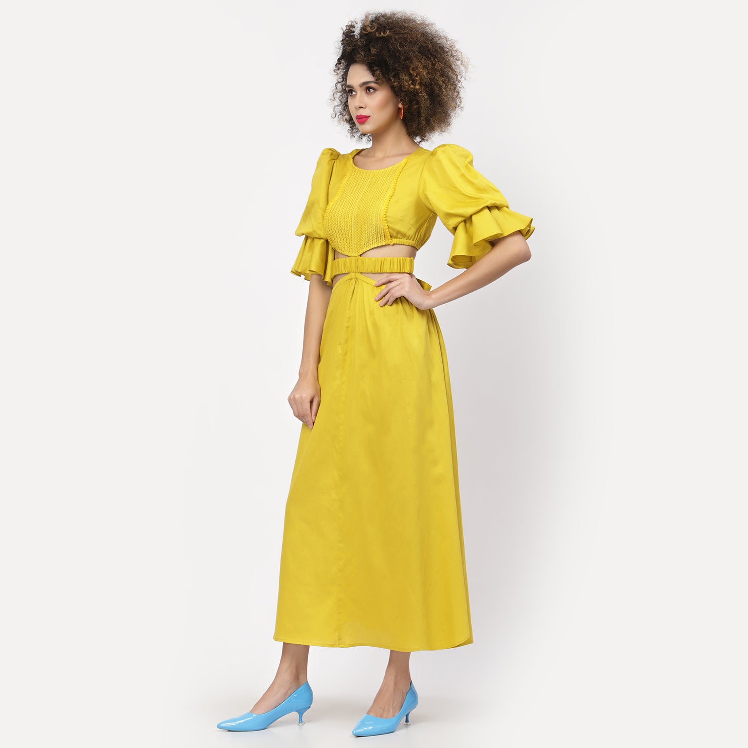 Yellow Dress With Lace Yoke And Tie Belt