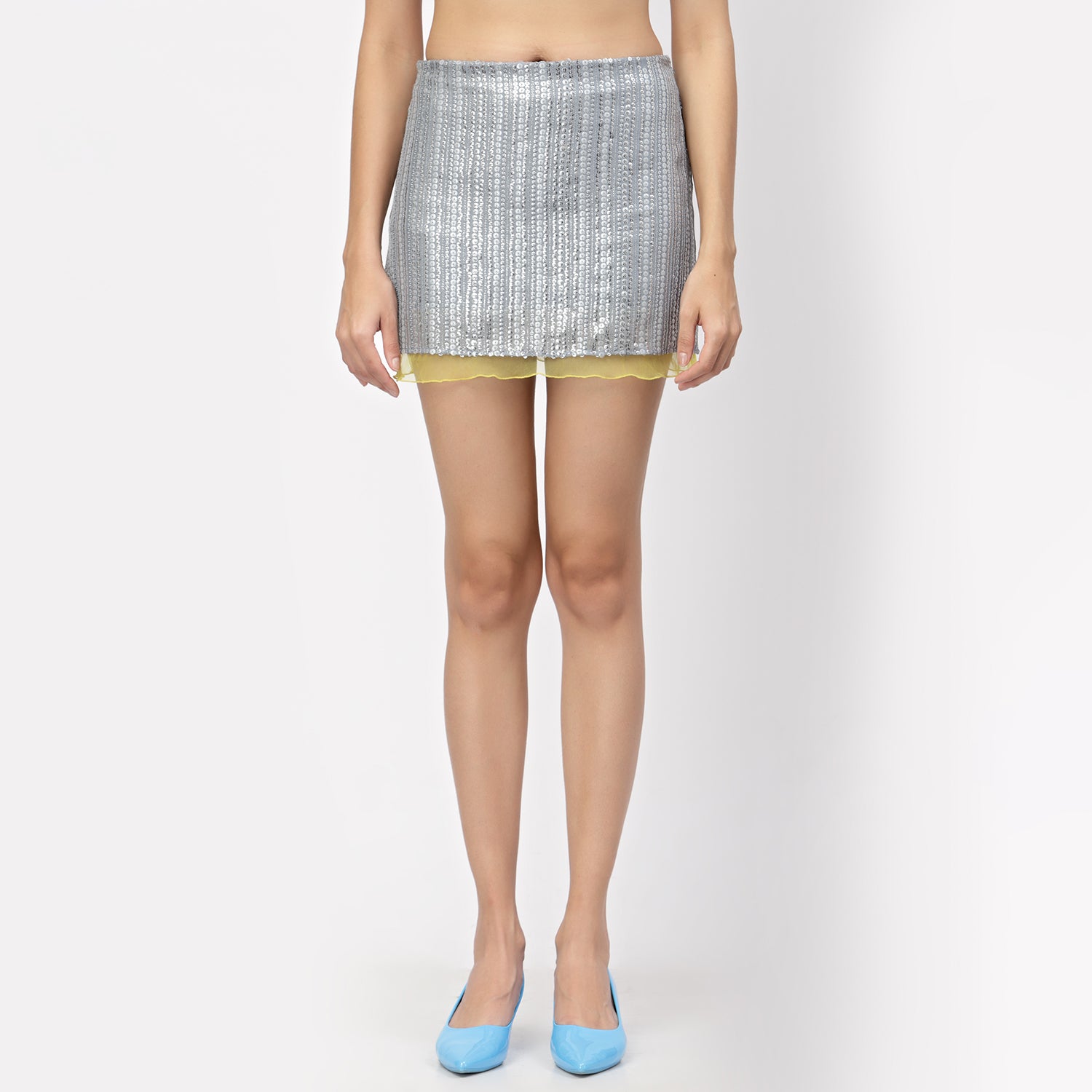 Silver Sequins Skirt With Yellow Net