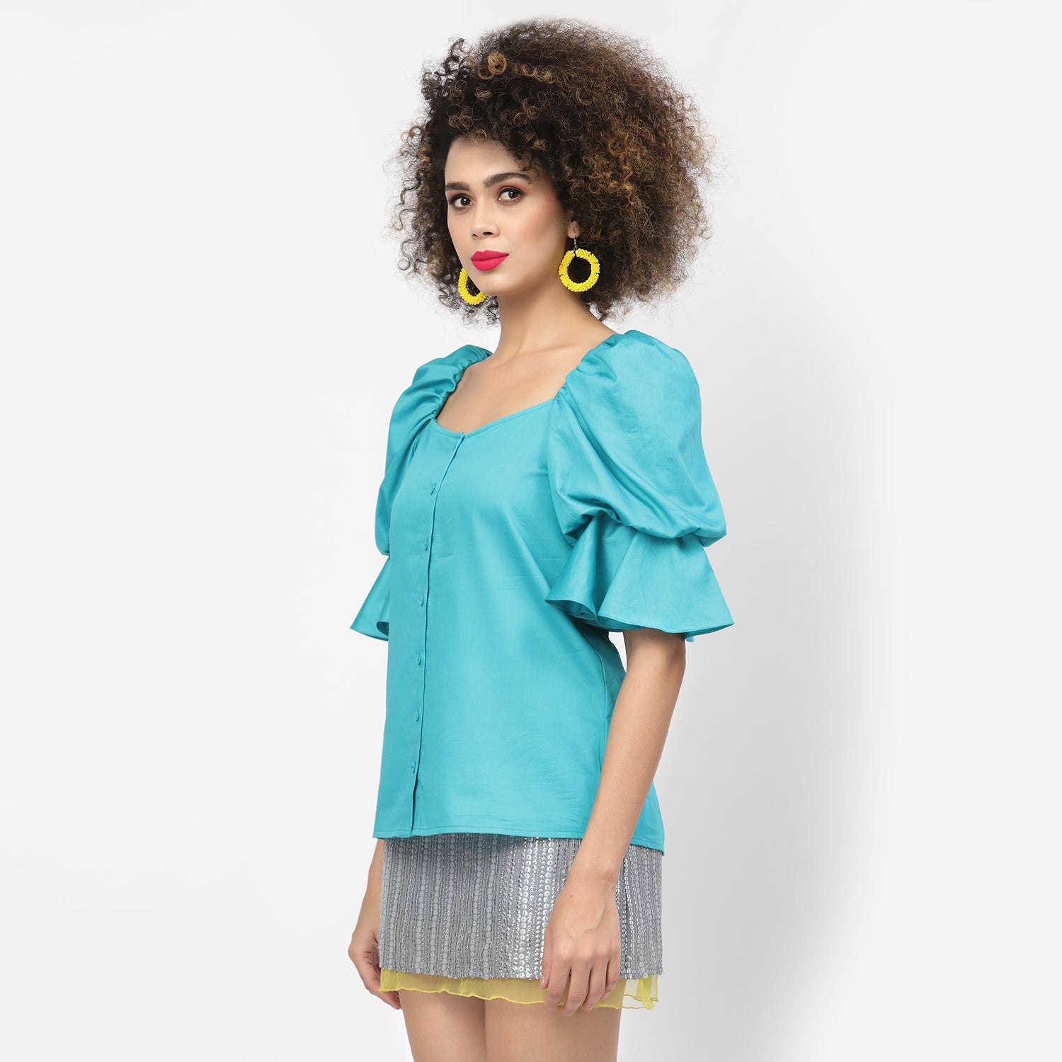 Turquoise Cotton Top With Puff Sleeves