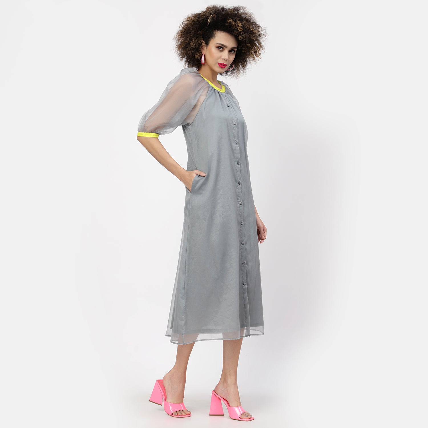 Grey Organza Dress With Puff Sleeves & Yellow Piping